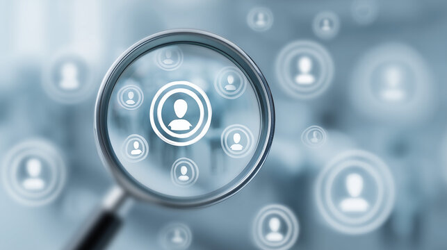 A magnifying glass hovers over a series of glowing white profile icons representing people in a digital network.