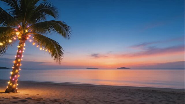 palm tree lights on tropical beach at sunset over calm sea