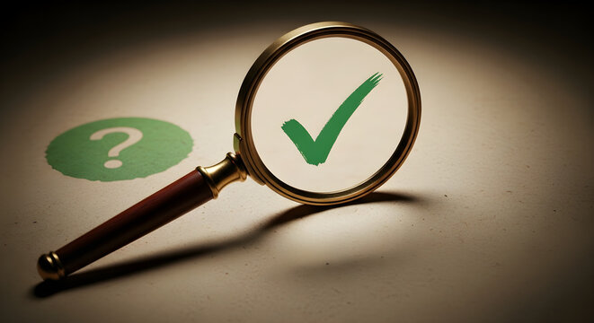 Magnifying glass over a green checkmark and a question mark, symbolizing success and inquiry in a business context