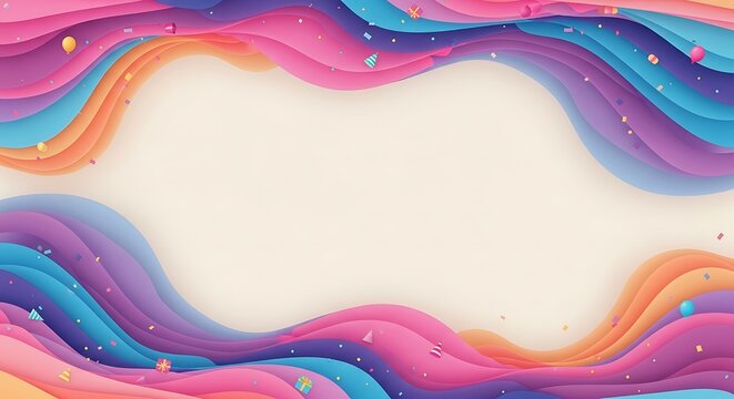 Colorful abstract paper cut wavy background with festive party elements and copy space