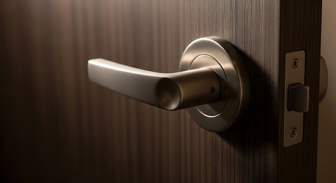 Door handle on wooden door closeup.