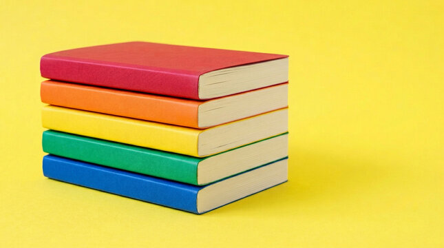 Colorful notebook stack five colors on vivid yellow surface back to school supplies organized concept.