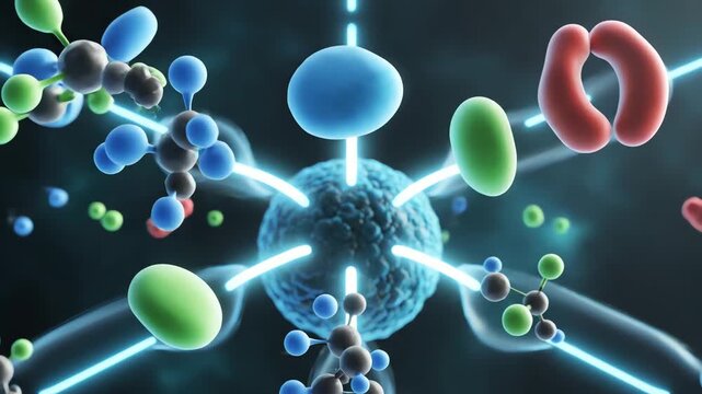 Molecular structure with atoms and bonds.