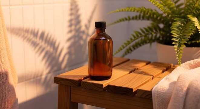 Amber Glass Bottle with Essential Oil on Wooden Stool, Spa and Wellness Concept