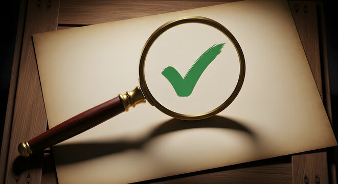 Magnifying glass revealing a green checkmark symbol on a beige paper, symbolizing confirmation and accuracy for business or legal documents