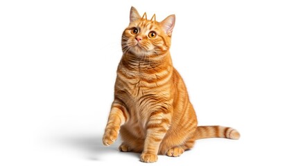 Fototapeta premium Orange tabby cat sitting upright with large expressive eyes and striped fur big eyes sitting posture