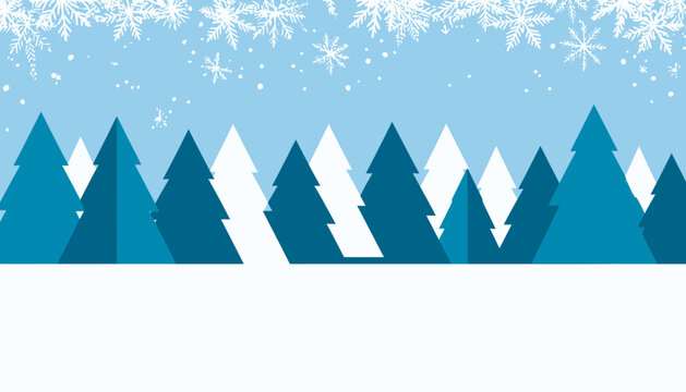 Ilustra&ccedil;&atilde;o vetorial plana de uma floresta de pinheiros azuis e brancos sob um c&eacute;u com flocos de neve caindo e ch&atilde;o coberto de neve.