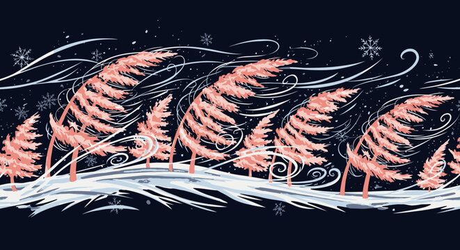 Ilustra&ccedil;&atilde;o de &aacute;rvores cor-de-rosa curvadas pelo vento forte em uma tempestade de neve noturna com flocos de neve e redemoinhos de vento.