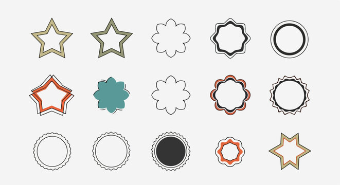 Cole&ccedil;&atilde;o de emblemas geom&eacute;tricos e selos vintage em tons past&eacute;is com estrelas, c&iacute;rculos e formas onduladas para design gr&aacute;fico criativo.