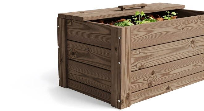 Wooden planter box with green plants growing inside on a white background wooden texture