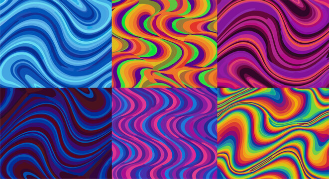 Cole&ccedil;&atilde;o de seis texturas abstratas com ondas psicod&eacute;licas e cores vibrantes, ideais para fundos modernos, arte digital e designs criativos &uacute;nicos.