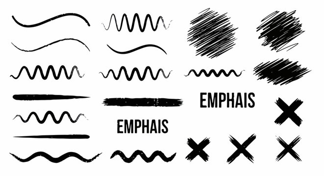 Sammlung von handgezeichneten schwarzen Grafikelementen wie Wellenlinien, Kritzeleien und Kreuzen zur Hervorhebung auf wei&szlig;em Hintergrund.