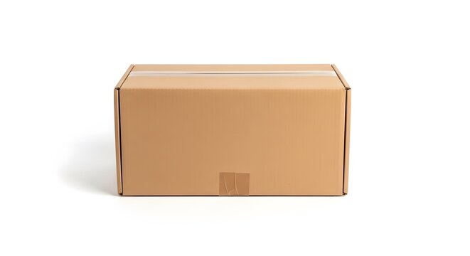 Brown cardboard box with a single flap taped closed on a plain background packaging shipping