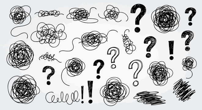 Eine Sammlung von skizzierten Kritzeleien, Fragezeichen und Ausrufezeichen, die mentale Unordnung, Brainstorming und Probleml&ouml;sung visualisieren.