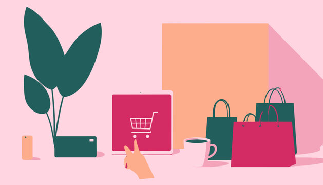 Eine moderne Illustration zum Thema Online-Shopping mit einer Hand, die auf einen digitalen Einkaufswagen klickt, umgeben von bunten Taschen und Deko.