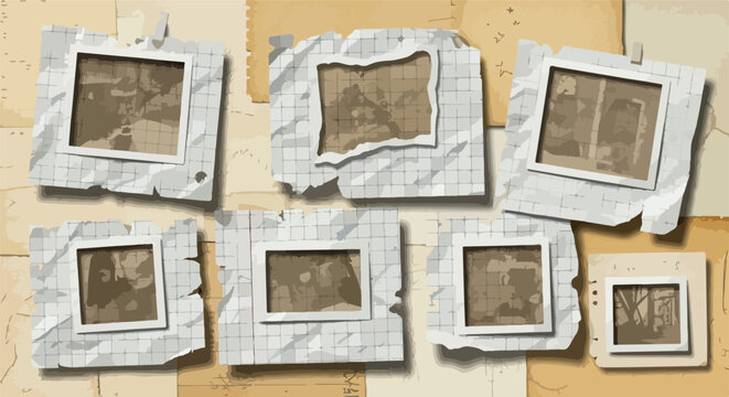 Vintage-Fotocollage mit sepiafarbenen Bildern auf zerknittertem Karopapier und altem Karton als nostalgischer Hintergrund f&uuml;r Erinnerungen.