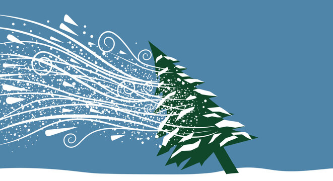 Ilustraci&oacute;n vectorial de un pino verde bajo una fuerte tormenta de nieve y viento sobre un fondo azul minimalista de invierno.
