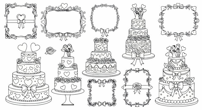 Colecci&oacute;n de ilustraciones lineales de pasteles de boda y marcos decorativos con corazones y flores para colorear en fondo blanco.