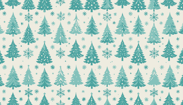 Patr&oacute;n continuo de &aacute;rboles de Navidad estilizados y copos de nieve en color verde azulado sobre un fondo crema suave para dise&ntilde;o festivo.