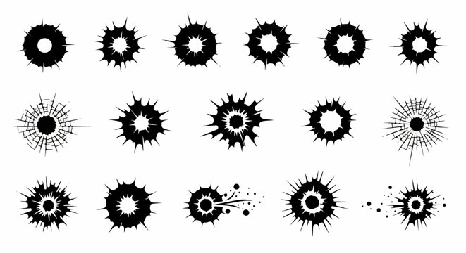 Conjunto de siluetas negras de agujeros de bala y marcas de impacto sobre un fondo blanco, ideal para dise&ntilde;os de acci&oacute;n, crimen o efectos de da&ntilde;o.