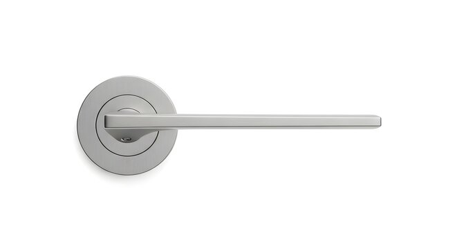 Silver metal door lever handle with round base on white background