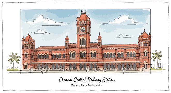 Schizzo artistico della stazione ferroviaria centrale di Chennai a Madras, Tamil Nadu, India, con architettura storica e torre dell'orologio rossa.