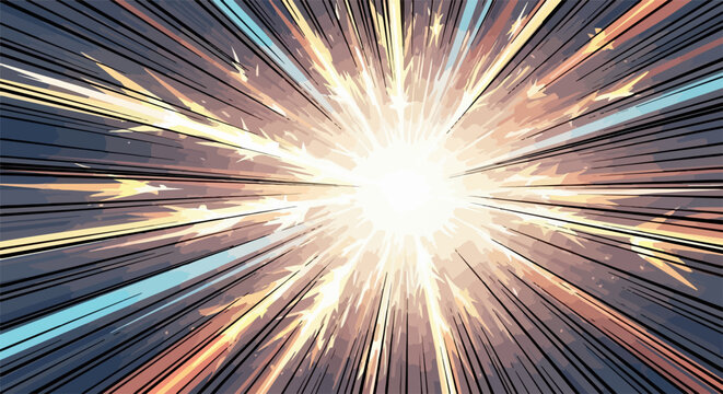 Sfondo astratto con esplosione di luce radiale e linee di velocit&agrave; dinamiche in stile manga per concetti di energia e movimento rapido.