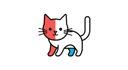 Fototapeta premium 白い背景に隔離された、赤と青のアクセントカラーが特徴的なシンプルで可愛らしい猫のベクターイラストレーション。太い黒の輪郭線で描かれたミニマルなデザインのキャラクターは、ロゴやアイコン、グラフィックデザインの素材として最適です。