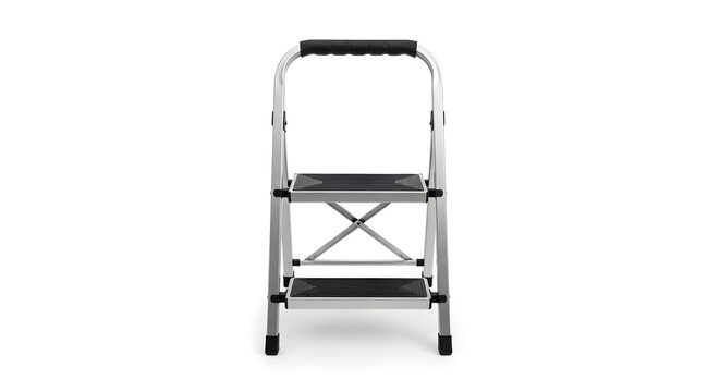 Silver and black folding step ladder with two steps and a handle on folding ladder