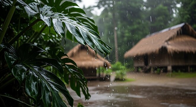 Traditional thatched huts in tropical rainforest.