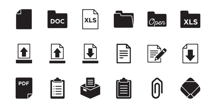 File type icons, document symbols, download upload signs, office file logos, business workflow graphics