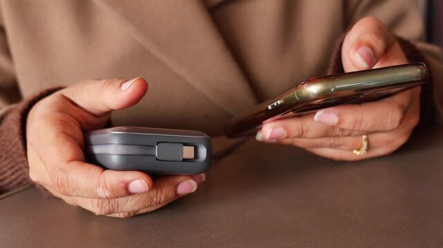 A person charging a smart phone with a power bank.
