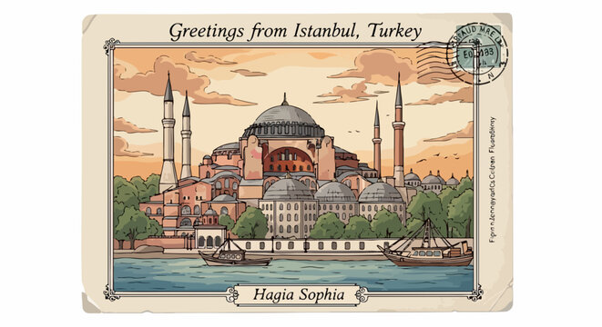 トルコのイスタンブールにある歴史的なアヤソフィア大聖堂を描いたヴィンテージ風のポストカードのイラスト。夕暮れ時の美しい空とボスポラス海峡を背景に、切手や消印が施されたレトロでノスタルジックなデザインが特徴的な旅行の思い出を想起させる一枚です。