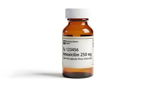 Brown bottle of amoxicillin 250 mg capsules with white label and white cap medication
