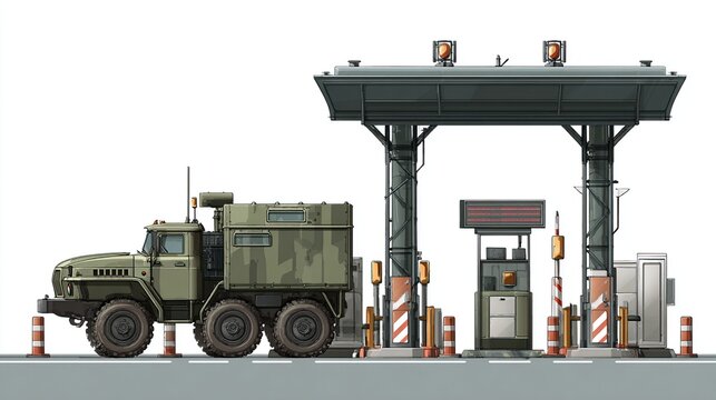 Military checkpoint with tactical vehicle and defense structures