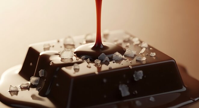Rich dark chocolate square generously sprinkled with flaky sea salt crystals as a warm caramel drizzle cascades down its surface creating a delightful sweet and savory confection for indulgent