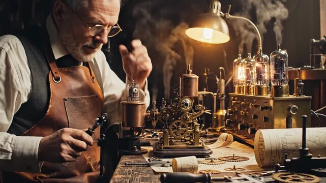 Steampunk inventor crafting intricate mechanical device in dimly lit workshop