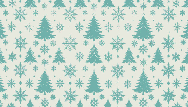 민트색 크리스마스 트리와 다양한 모양의 눈송이가 베이지색 배경 위에 조화롭게 배치된 빈티지 스타일의 심리스 패턴으로 겨울 축제와 연말연시 분위기를 연출하는 세련된 그래픽 디자인 배경 이미지입니다.
