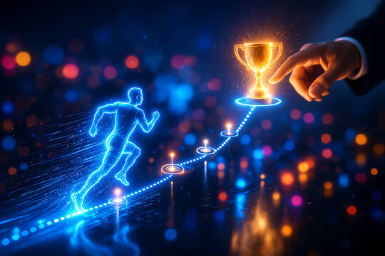Glowing blue neon silhouette of runner sprinting upward along a futuristic digital dotted path towards a bright golden cup touched by a large human hand