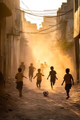 Fototapeta premium Children Playing Soccer in a Dusty Alleyway at Sunset.