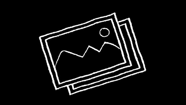 Stack of Imagery: A simple illustration of stacked image frames, the top layer displaying a minimalistic landscape, symbolizing visual content or creative projects.