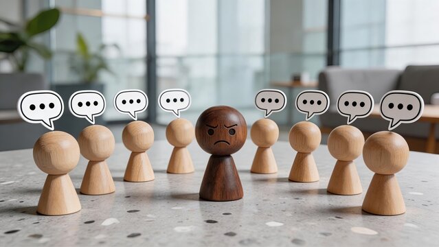 Angry wooden pawn isolated from group with speech bubbles symbolizing conflict exclusion social rejection bullying loneliness disagreement toxic workplace mental stress isolation