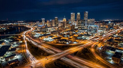 Obraz premium Aerial view of Oklahoma City downtown skyline at night with light trails