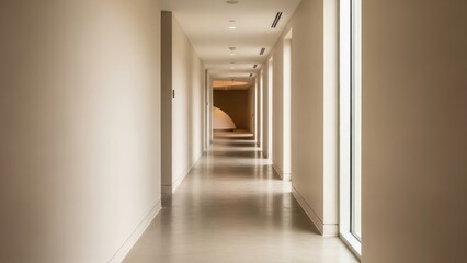 Fototapeta premium A long, empty, beige-colored hallway with windows on the right and recessed lighting