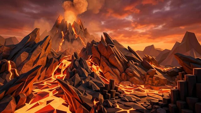 Erupting volcano animation with molten lava flow and rocky terrain in a fiery sunset landscape, detailed 3D view capturing dynamic volcanic activity