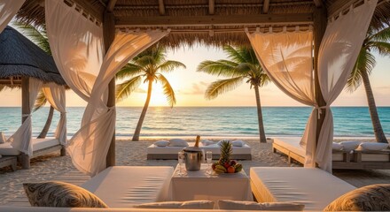 Obraz premium Luxury Beachside Gazebo at Sunset with Tropical Drinks
