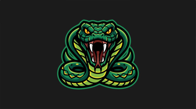 Green cobra snake illustration with open mouth and aggressive expression.