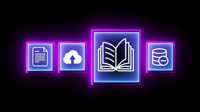 Neon glowing digital library icons with cloud computing and data storage symbols on dark background.