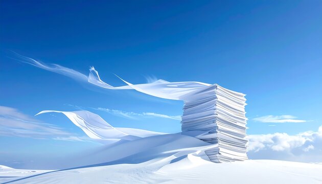 Surreal image of white papers blowing in the wind on a snowy landscape