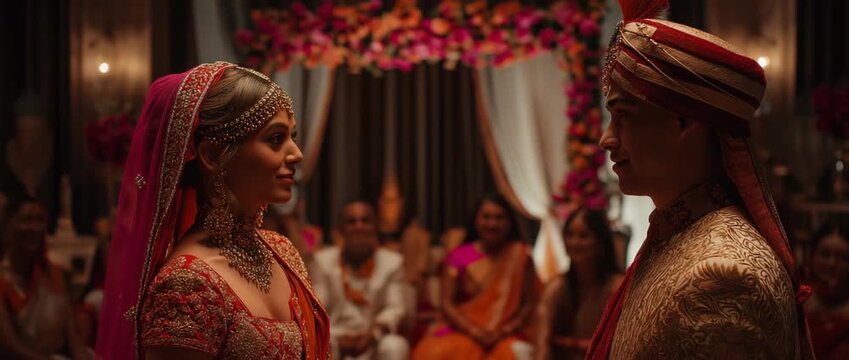 indian wedding ceremony with bride and groom in traditional attire, vibrant colors, floral decorations, joyful atmosphere